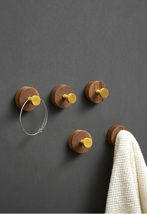 Walnut & Brass Round Wall Hook Simple Decorative Wooden Wall Hangers