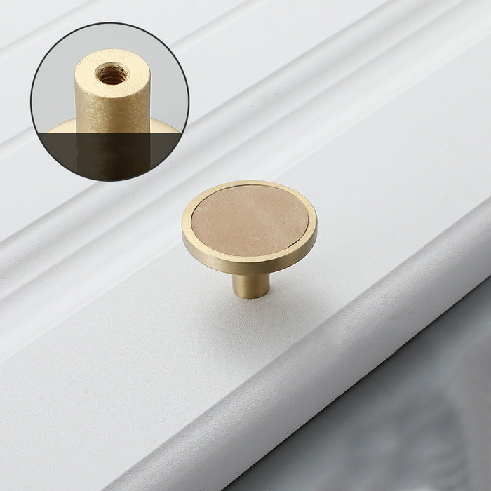 Solid Brass Leather Cabinet Handles, Beige Leather Dresser Drawer Knobs Pulls