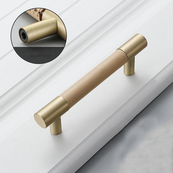 Solid Brass Leather Cabinet Handles, Beige Leather Dresser Drawer Knobs Pulls