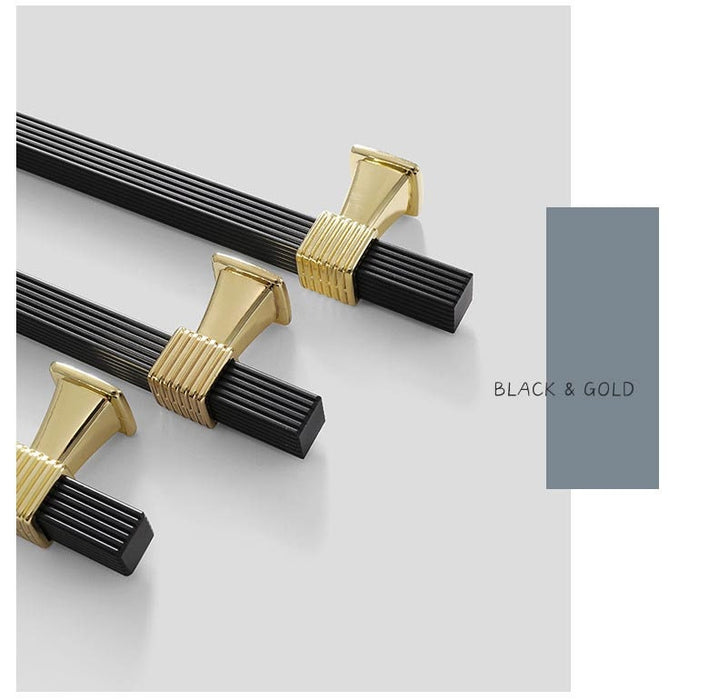 Black & Gold T Bar Pulls with Stripe, Square Drawer Pulls