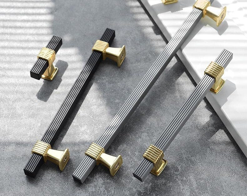 Black & Gold T Bar Pulls with Stripe, Square Drawer Pulls