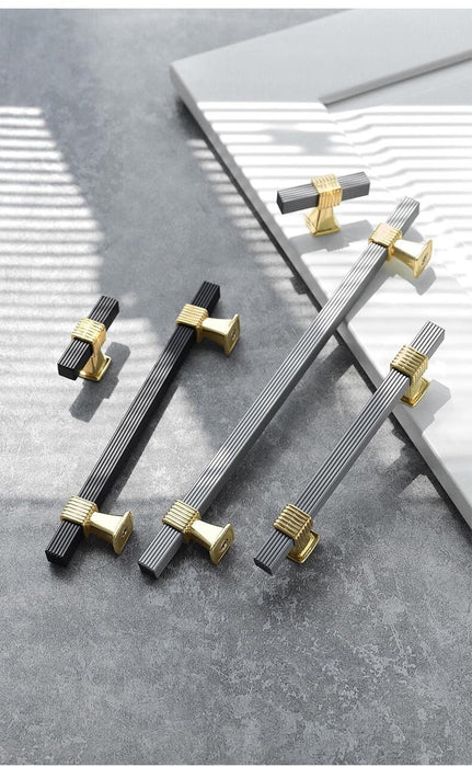 Black & Gold T Bar Pulls with Stripe, Square Drawer Pulls