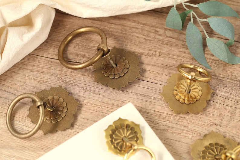 Antique Bronze Brass Drawer Knob Drop Ring Pulls lotus Dresser Pulls